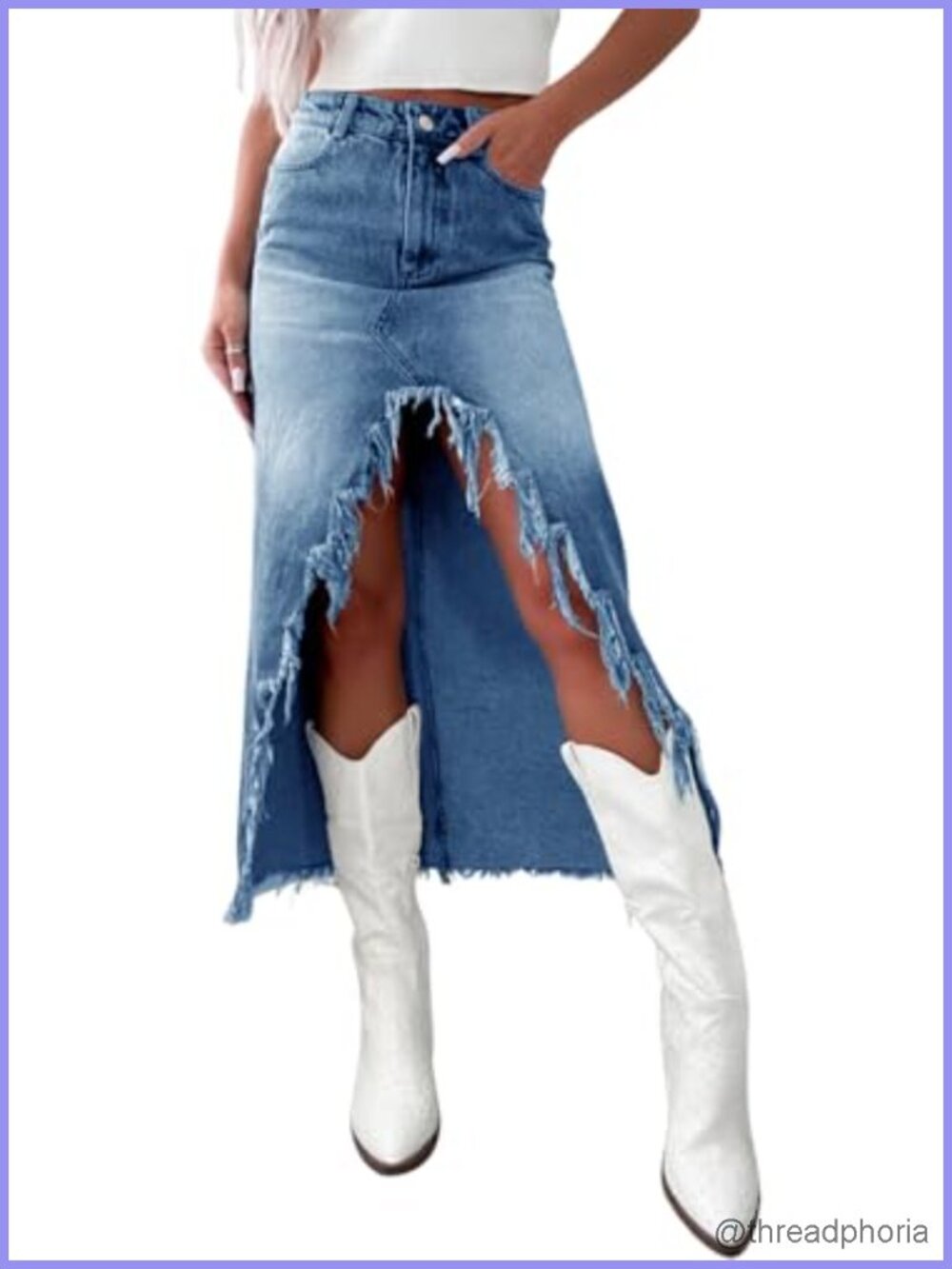A-Line Denim Midi Jean Skirt High Waist Frayed Slit Cotton Blend